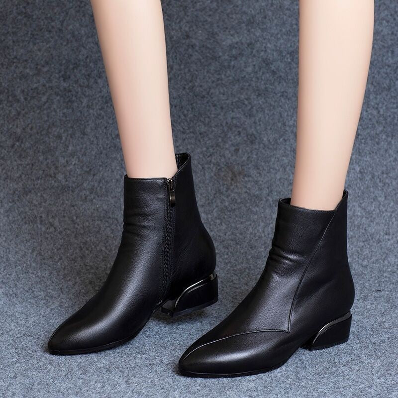 Pointed-toe Short Tube Chunky Heel Martin Boots