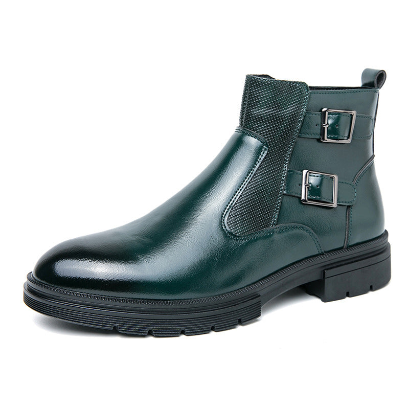 High-top British Double Buckle Slip-on Leather Boots 2023 Autumn And Winter