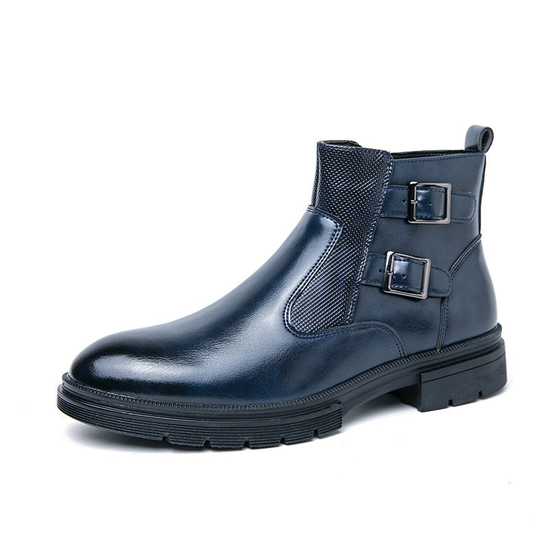 High-top British Double Buckle Slip-on Leather Boots 2023 Autumn And Winter