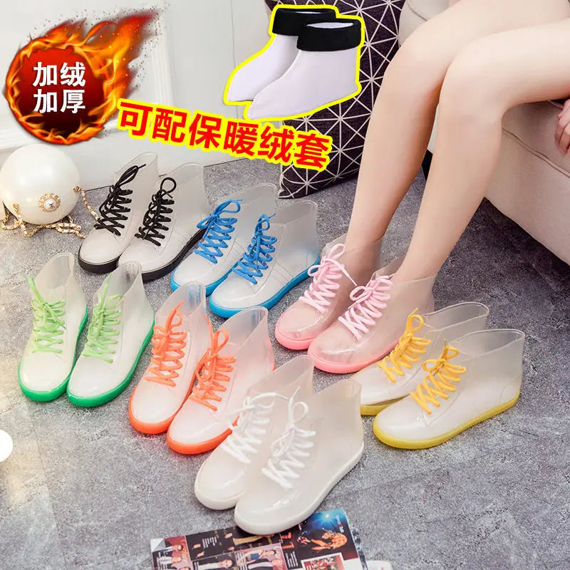 Fashion Waterproof Shoes Rainshoes Jelly Transparent Anti-Slip  Rain Boots Shoe Cover Woolen Cotton Rubber Boots Female Short