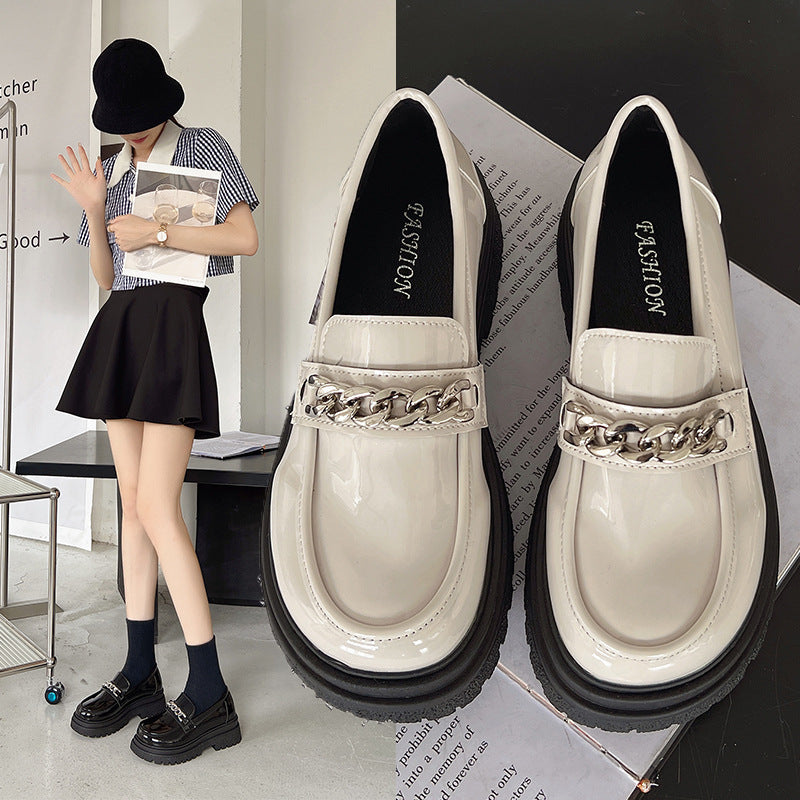 British Style Rubber Leather Shoes Women's Thick Bottom Chain Shallow Mouth